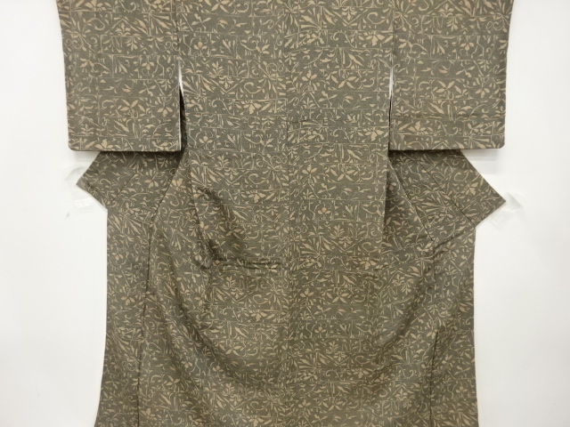 縮緬地　抽象花唐草模様　小紋着物